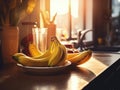 AI generated illustration of a white ceramic plate containing yellow ripened bananas on a countertop