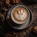 AI generated illustration of a white coffee cup sits atop a saucer decorated with floral patterns