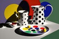 AI generated illustration of white cups with black pots and a plate with colorful pots on a table