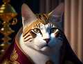 AI generated illustration of a white domestic cat wearing a gold and crimson-hued cape