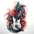 AI generated illustration of a white electric guitar with a dragon illustration on its body