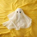 AI generated illustration of a white, ethereal ghost atop a bed of yellow fabric