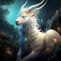 AI generated illustration of a white fantasy mythical animal in an enchanted forest at night