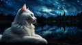 AI generated illustration of a white feline perched on the edge of a tranquil lake in the nighttime