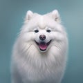 AI generated illustration of a white fluffy American Eskimo Dog smiling