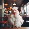 AI generated illustration of a white, fluffy rooster on a wooden table in a cozy cafe