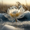 AI generated illustration of white frozen flower on a pond covered with snow