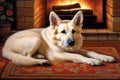 White German Shepherd peacefully sleeping on a rug, fireplace with warm comforting glow Royalty Free Stock Photo