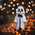 AI-generated illustration of A white ghost mask and white outfit on a pile of orange pumpkins