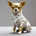 the chihuahua dog is white and gold sitting on the table