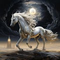 AI generated illustration of a white horse adorned with golden ornaments under the moonlight Royalty Free Stock Photo