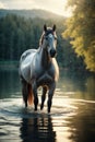 AI generated illustration of a white horse standing in the pond in the green forest Royalty Free Stock Photo