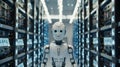 AI generated illustration of a white humanoid robot standing in a room with an array of shelves