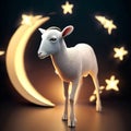 AI generated illustration of a white lamb stands in a night sky, illuminated by moon and stars