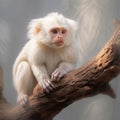 AI generated illustration of a white Macaca mulatta perched atop a wooden tree branch