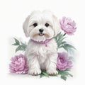 AI generated illustration of a white Maltese dog in flowers