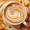 AI generated illustration of a white mug filled with golden caramel coffee