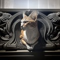 AI generated illustration of a white and orange cat coming out of an ornate stone detail