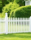 AI generated illustration of a White picket fence with green bushes in the background