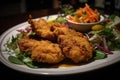 AI generated illustration of a white plate featuring a crispy fried chicken entree and a side salad Royalty Free Stock Photo