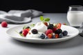 AI generated illustration of a white plate with a variety of berries served with yogurts