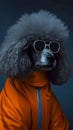 AI generated illustration of a white poodle wearing a bright orange coat and a pair of sunglasses