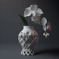 AI generated illustration of a white porcelain vase featuring decorative orchid flowers