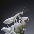 AI generated illustration of A white praying mantis perched on a flower