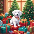 AI generated illustration of A white pup sitting atop a pile of wrapped gifts