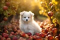 AI generated illustration of a white puppy sitting amongst a pile of ripe red apples