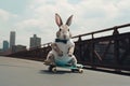 AI generated illustration of a white rabbit riding a skateboard, with a modern cityscape Royalty Free Stock Photo