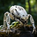AI generated illustration of a white robotic spider perched atop a rock in a wooded environment