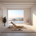 AI generated illustration of a white room with a lounging chair and a doorway to the beach Royalty Free Stock Photo