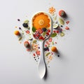 AI-generated illustration of a white spoon full of fruits on a white background