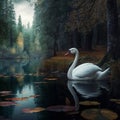 AI generated illustration of a white swan gracefully gliding on water with yellow lily pads Royalty Free Stock Photo