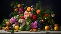 AI generated illustration of a white table filled with a colorful assortment of flowers and fruits