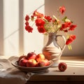 AI generated illustration of  a white vase filled with bright red flowers, paired with apple fruits Royalty Free Stock Photo