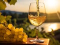 AI generated illustration of white wine being poured into a glass with grapes on the wooden table Royalty Free Stock Photo