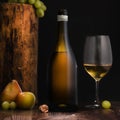 AI generated illustration of a white wine glass with a bottle on a dark background Royalty Free Stock Photo