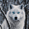 AI generated illustration of a white wolf with bright blue eyes in the snow Royalty Free Stock Photo