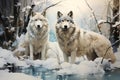 AI generated illustration of white wolves standing side by side in a natural landscape