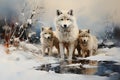 AI generated illustration of white wolves standing side by side in a natural landscape