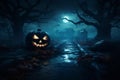 AI generated illustration of a wicked pumpkin in a forest under the moonlight