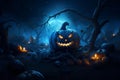 AI generated illustration of a wicked pumpkin in a forest under the moonlight