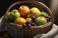 AI generated illustration of a wicker basket filled with assorted fruits Royalty Free Stock Photo