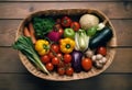 there are many vegetables in a wicker basket on the table