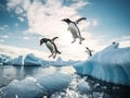 Ai Generated illustration Wildlife Concept of Adelie penguins jumping from iceberg