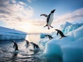 Ai Generated illustration Wildlife Concept of Adelie penguins jumping from iceberg