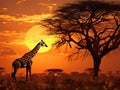 Ai Generated illustration Wildlife Concept of African giraffe eating in sunset