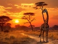 Ai Generated illustration Wildlife Concept of African giraffe eating in sunset